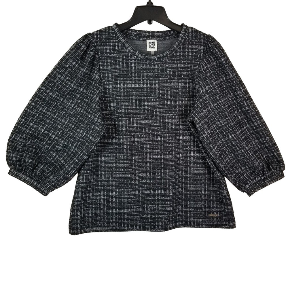 Anne Klein Knit Top Womens Large Black Multi Plaid Metallic Puff Sleeve 10916197
